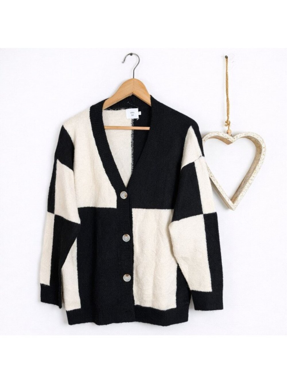 Luna Ivy Black Cream Colorblock Cardigan Sweater Knit Button Front Cozy SMALL
